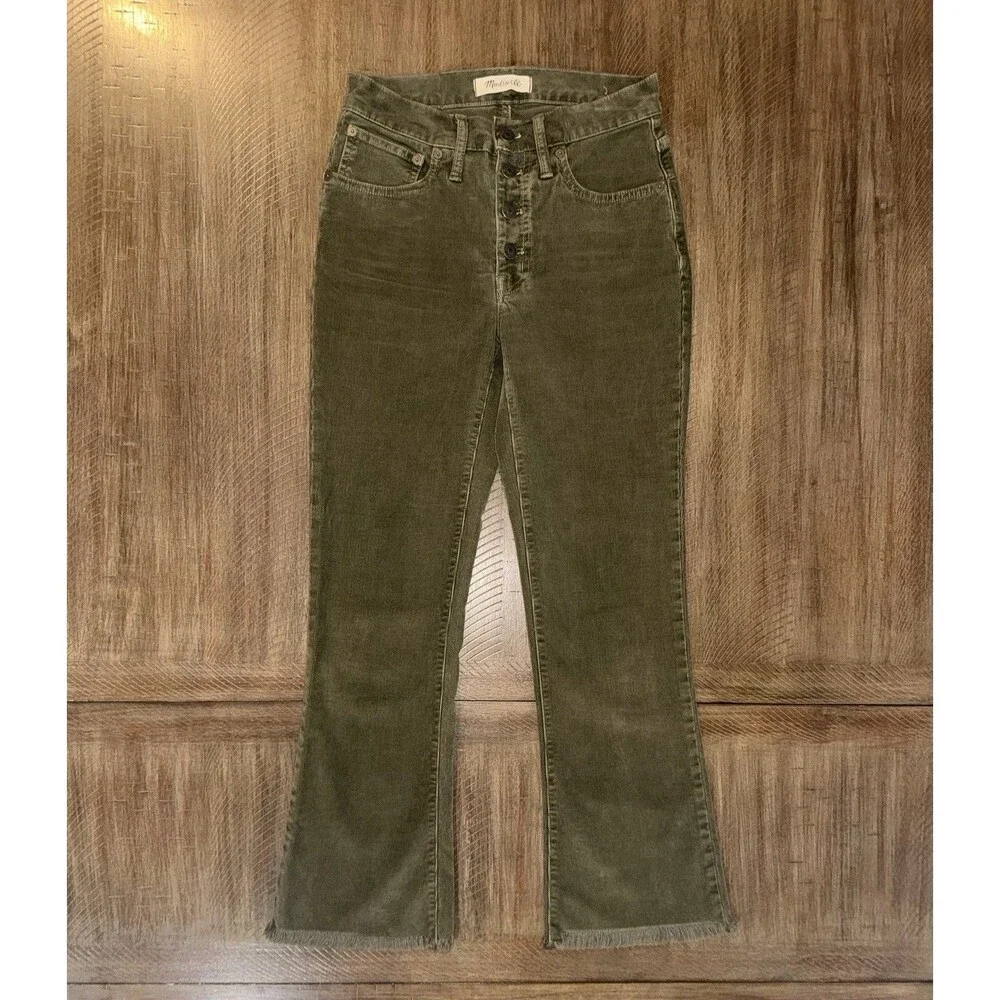 Madewell Cali Demi-Boot Button Fly Raw Hem Capers Green Corduroy Pants Size 24